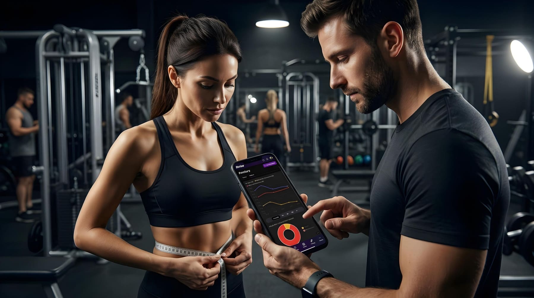 Trener analizuje pomiary klientki w aplikacji Fitrise